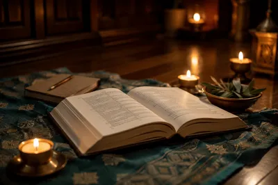 Open Study Book with Candlelight Close Up
