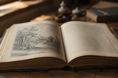Vintage Open Book in Warm Study Light