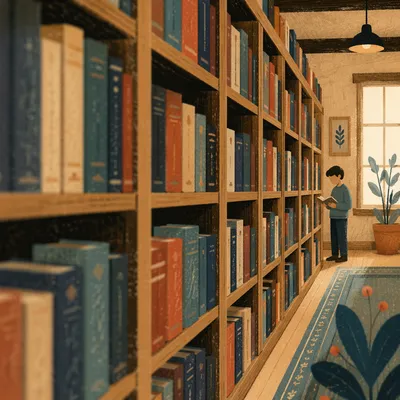 Organized Library Bookshelves with Colorful Spines