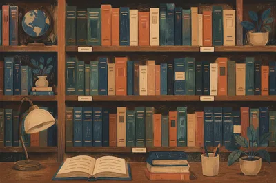 Organized Library Bookshelf Spine View