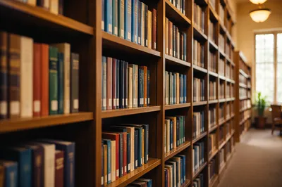 Organized Library Bookshelves with Colorful Spines