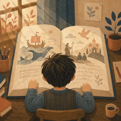 Child Reading Storybook in Warm Wonder