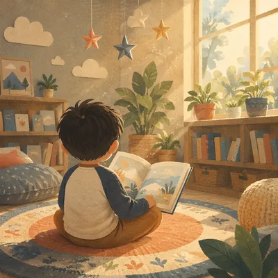 Child Reading Book in Quiet Wonder