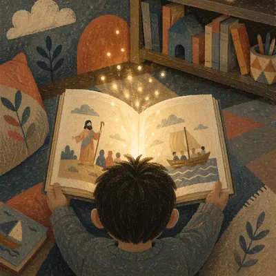 Child Reading Storybook with Glowing Wonder