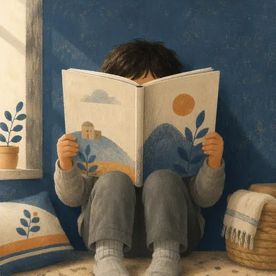 Child Reading Storybook in Quiet Wonder