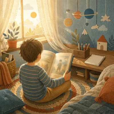 Child Reading by Sunlit Window