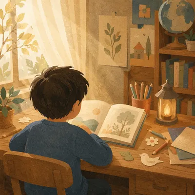 Child Reading with Wonder in Cozy Classroom