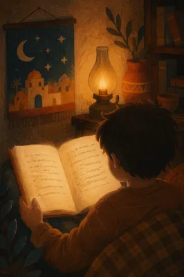 Child Reading Storybook in Warm Lamplight
