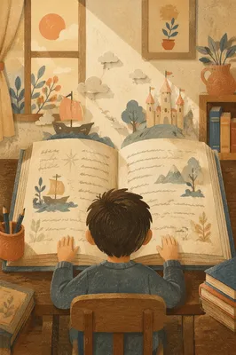 Child Reading Storybook With Quiet Wonder