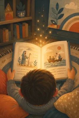 Child Reading Storybook with Glowing Wonder