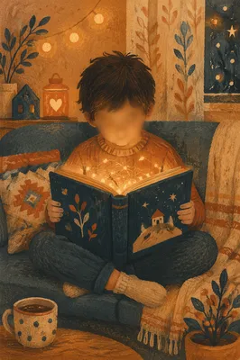 Child Reading Storybook with Magical Glow
