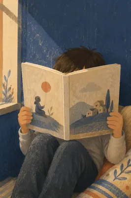 Child Reading Storybook in Quiet Wonder