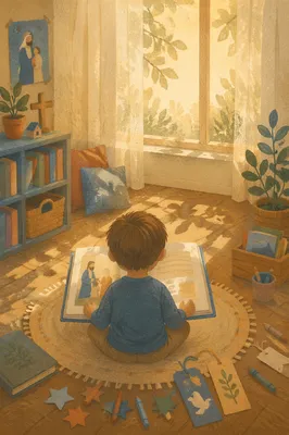 Child Reading in Sunlit Classroom Corner