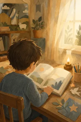 Child Reading with Wonder in Warm Classroom