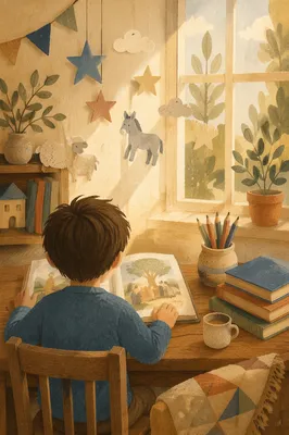 Child Reading in a Cozy Morning Nook
