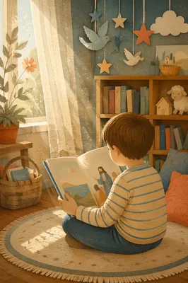 Child Reading in Sunlit Wonder Corner