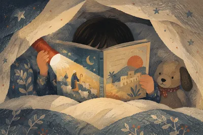 Child Reading by Flashlight in Blanket Fort