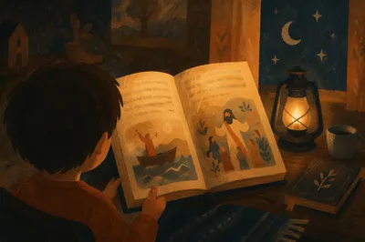 Child Reading Storybook in Warm Lamplight