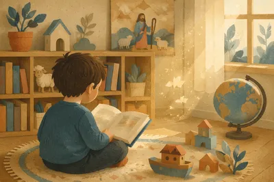 Child Reading Picture Book in Wonder
