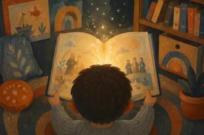Child Reading Storybook with Glowing Wonder