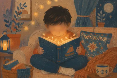 Child Reading Storybook with Magical Glow