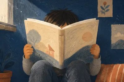Child Reading Storybook in Quiet Wonder