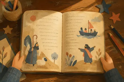 Child Reading With Wonder at Wooden Desk