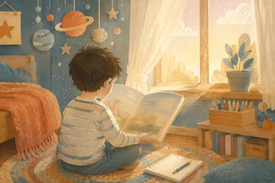 Child Reading by Sunlit Window