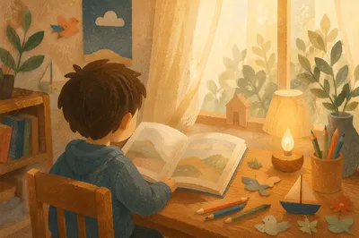 Child Reading in Warm Morning Wonder