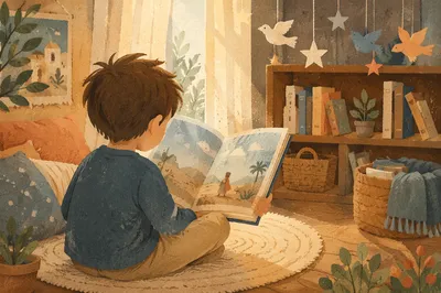 Child Reading in a Sunlit Cozy Corner