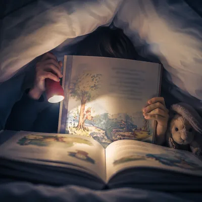 Child Reading by Flashlight in Blanket Fort