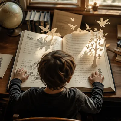 Child Reading Storybook With Quiet Wonder