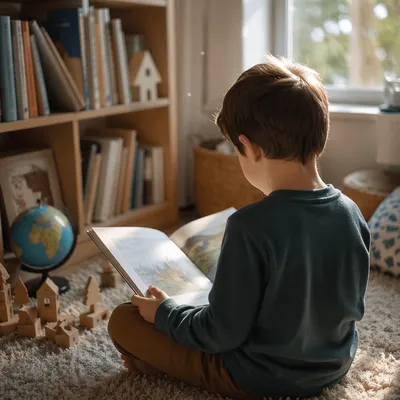 Child Reading with Wonder in Cozy Room