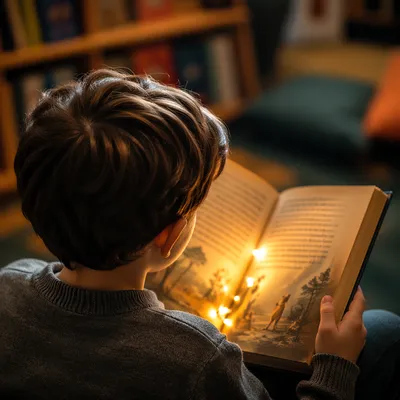 Child Reading Storybook with Gentle Wonder