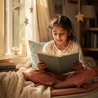 Curious Girl Reading by Sunlit Window