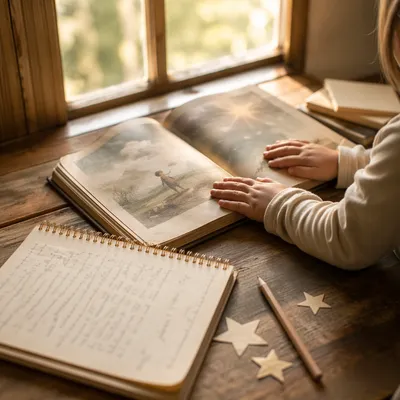 Child Hands Reading Storybook in Morning Light