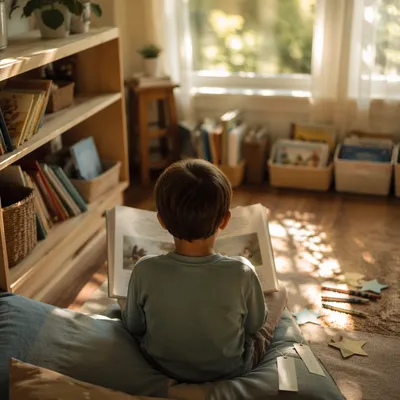 Child Reading in Sunlit Classroom Corner