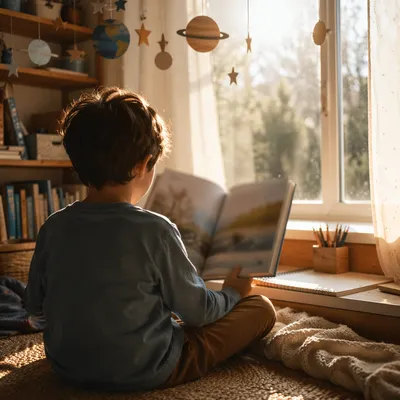 Child Reading by Sunlit Window
