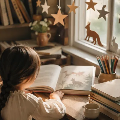 Child Reading in Cozy Morning Nook