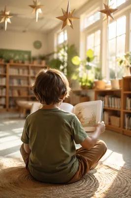 Child Reading in Warm Classroom Wonder