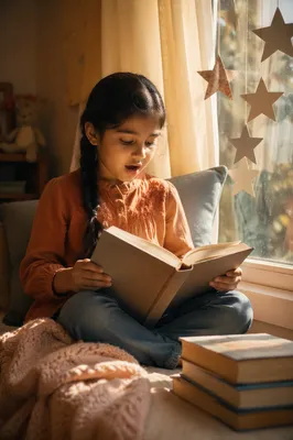 Young Girl Reading on Window Seat