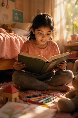 Young Girl Reading on Bedroom Rug