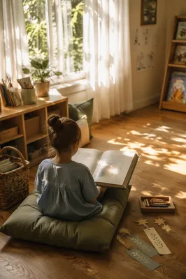 Child Reading in Sunlit Classroom Corner