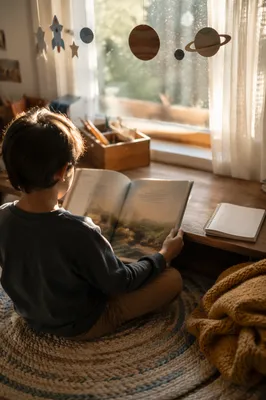 Child Reading by Sunlit Window