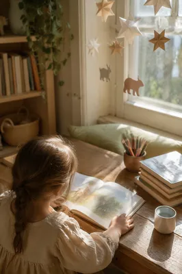 Child Reading in Cozy Morning Nook