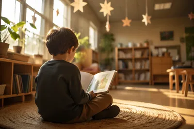 Child Reading with Wonder in Classroom