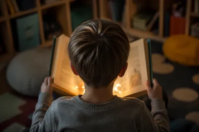 Child Reading Storybook with Glowing Wonder