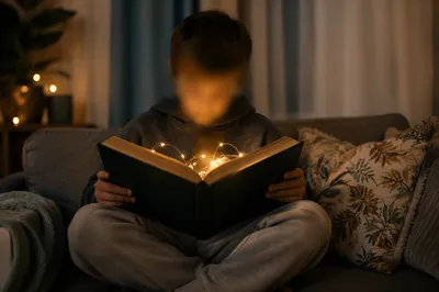 Child Reading Storybook with Magical Glow