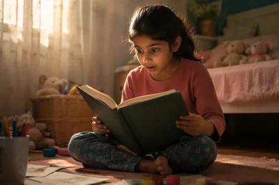 Young Girl Reading in Sunlit Bedroom