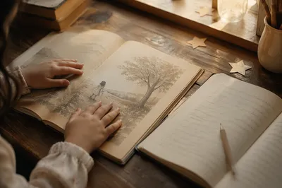 Child Hands Reading Storybook in Morning Light